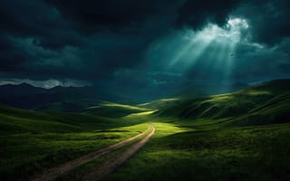 Картинка дорога, грунтовая дорога, свет сквозь облака, гроза, контраст, темное небо, свобода, рендеринг, тучи, луг, природа, зеленые холмы, холмы, солнце, трава, путешествие, облака, шторм, арт, 4k, заставка на ПК, солнечный луч, 1920х1080, ИИ, рабочий стол, 2k, луч света, 16:9, драма, горы, божественный свет, нейросеть, пейзаж, поля, тропа, HD
