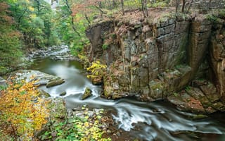 Картинка осень, деревья, течение, скалы, река, пейзаж, природа