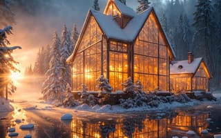 Картинка зима, мороз, снег, вода, озеро, природа, дом, лед, туман