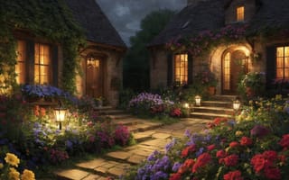 Картинка домики, вечер, ночь, цветы, свет, окна, природа, сад, цвет, огни