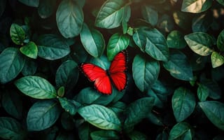 Картинка бабочка, красная бабочка, экология, весна, текстура листьев, заставка, рабочий стол, флора, яркие цвета, нейросеть, зеленые листья, лето, фауна, алая бабочка, листья, 1920х1080, гармония, эстетика природы, кустарник, ботаника, контраст, макро, 2k, HD, 16:9, сад, глубина резкости, макросъемка, живая природа, ИИ, 4k, природа
