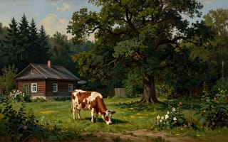 Картинка корова, домашнее животное, 16:9, старый дуб, тропинка, кусты, окна, деревянный забор, изба, пейзаж, ели, 2k, поляна, луг, солнечный день, деревенский пейзаж, реализм, ветви, лето, нейросеть, полевые цветы, Левитан, дуб, опушка леса, ИИ, стиль масло, забор, пастбище, листва, деревенский дом, избушка, сосны, дневной свет, картина, бревенчатый дом, 1920х1080, Шишкин, зеленая трава, хвойный лес, HD, 4k, сельская местность, деревня, раскидистое дерево, рабочий стол, цветы, крыша