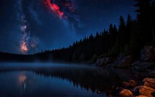 Картинка космос, Млечный Путь, ночное небо, ночной пейзаж, дымка, природа, 2k, галька, горное озеро, ночь, галактика, гладь воды, красная туманность, легкий туман, миллиарды звезд, 16:9, озеро, ели, вселенная, эстетика природы, каменистый берег, берег, валуны, гармония, туман, сосновый бор, сияние, рабочий стол, звездное небо, дзен, созвездия, 1920х1080, нейросеть, туманность, темный пейзаж, камни, 4k, покой, зеркальная вода, отражение звезд, река, силуэты деревьев, ИИ, водоем, хвойный лес, сосны, 