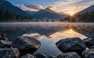 Картинка горы, горный хребет, HD, небо, эстетика природы, скалы, 2k, симметрия, рабочий стол, холмы, крупные камни, природа, утренний туман, дымка, отражение, сосны, нейросеть, ели, водоем, солнце из за гор, горное озеро, легкий туман, река, утреннее солнце, дзен, ИИ, летний пейзаж, гармония, облака, берег, зеркальная вода, 4k, пейзаж, рассвет, гладь воды, горные пики, тайга, золотой час, валуны, восход солнца, туман, лучи солнца, покой, закат, камни, 1920х1080, озеро, 16:9, хвойный лес