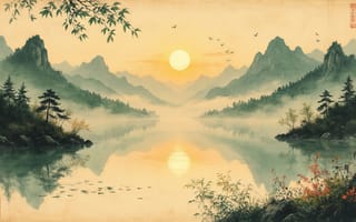 Картинка китайский пейзаж, гохуа, HD, ветви, Китай, сосны, гладь воды, остроконечные горы, озеро, старинный стиль, природа Азии, дымка, свиток, гармония, 2k, живопись тушью, медитация, каллиграфия, спокойствие, Япония, суми э, горы, эстетика, птицы, восточная живопись, река, ИИ, отражение, скалы, солнце, шань шуй, стая птиц, 16:9, 1920х1080, закат, дзен, рабочий стол, утренний туман, зеркальная вода, 4k, рассвет, бамбук, нейросеть