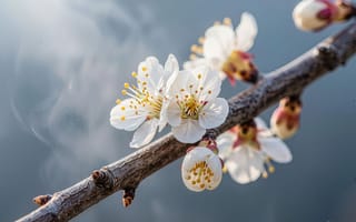 Картинка весна, цветение, солнечный свет, лепестки, вишня, рабочий стол, крупный план, 2k, блики, нераспустившиеся почки, серо-голубой, белые цветы, фотореализм, 4k, ветка дерева, размытый, текстура коры, бутоны, сакура, абрикос, эстетика природы, дымка, природа