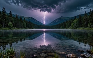 Картинка молния, удар молнии, 2k, горное озеро, нейросеть, гладь воды, гроза, HD, камыши, 16:9, скалы, берег, буря, лес, драма, облака, тайга, грозовые тучи, силуэты деревьев, сумерки, горный хребет, ночное небо, зеркальная вода, 1920х1080, ИИ, рабочий стол, прозрачная вода, деревья, лесное озеро, хвойный лес, холмы, эпик, камни на дне, ночной пейзаж, небо, ущелье, трава, горы, отражение молнии, дикая природа, шторм, 4k, грозовой фронт, сосновый бор, валуны, симметрия, ночь, камни, фиолетовый свет, 