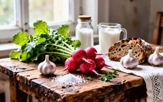 Картинка редис, редиска, петрушка, размытый, винтаж, деревянный стол, ржаной хлеб, головка чеснока, зелень, чеснок, свежесть, нейросеть, соль, 1920х1080, ботва, фуд-арт, крупная соль, 16:9, 4k, пучок редиса, морская соль, окно, ферма, корочка хлеба, сметана, кувшин, кружево, красные овощи, дневной свет, молоко, фактурное дерево, уют, 2k, старый стол, ломоть, рабочий стол, HD, фуд-фото, кухня, натюрморт, йогурт, салфетка, банка, ретро, домашний хлеб, эко, полезная еда, здоровое питание, ИИ, хлеб, деревня