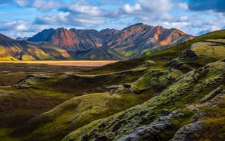Картинка природа, небо, горы, лишайник, Исландия, пейзажи, мох, облака