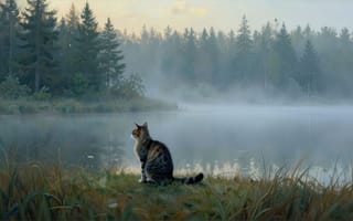 Картинка кот, кошка, камыш, озеро, силуэты деревьев, деревья, река, раннее утро, масляные краски, осока, покой, природа, 2k, предрассветное небо, утро, трава, созерцание, утренний туман, ели, водоем, мягкий свет, хвост, полосатый кот, берег, рабочий стол, домашний питомец, дымка, туман, лесной пейзаж, пруд, хвойный лес, 4k, шерсть, 1920х1080, вид со спины, сосны, отражение в воде, арт, 16:9, нейросеть, зеркальная гладь, релакс, пастельные тона, гармония, ИИ, уши, картина, мгла, HD, тишина, пушистый