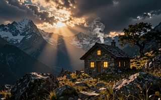 Картинка дом, домик, 16:9, драма, заставка, нейросеть, рабочий стол, избушка, валуны, дерево, шале, горный хребет, контраст, раскидистое дерево, ИИ, холмы, дым, свет и тень, грозовые тучи, золотой час, 1920х1080, эстетика природы, камни, рассвет, пробивающийся свет, склоны, покой, природа, облака, HD, горный пейзаж, скалы, луг, заснеженные горы, дым из трубы, 2k, печь, закат, приют, пики, вершины, солнце, долина, уют, хижина, горящие окна, каменный дом, горы, умиротворение, пейзаж, лучи солнца, 4k, 