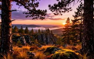 Картинка пейзаж, дикая природа, дымка, 1920х1080, 4k, эстетика природы, фиолетовое небо, мох, золотой час, 16:9, тайга, рассвет, контраст, туман, золото, холмы, нейросеть, трава, вечер, HD, горизонт, путешествия, каменистое плато, зеленый мох, скалы, хвойный лес, арт, реализм, закат, небосвод, ИИ, розовые облака, утесы, солнечные лучи, колосья, горы, сухая трава, сияние, валуны, сосны, туманная долина, ветви, ели, солнце, стволы деревьев, свет и тень, рабочий стол, 2k