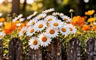 Картинка ромашки, белые ромашки, соцветия, бутоны, Дейзи Далтон, садовые цветы, зелень, 2k, 4k, 16:9, клумба, листва, размытый, нейросеть, загородный дом, поповник, полевые цветы, солнечный свет, уют, рабочий стол, природа, изгородь, эстетика природы, трава, лето