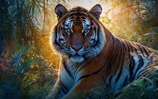 Картинка глядя на зрителя, жёлтые глаза, китайский зодиак, бамбук, животные, тигр, животное, год тигра, кошки, лес, на открытом воздухе, растение, природа, без людей, реалистичный, внимание к животным