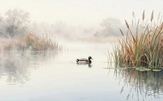 Картинка утка, селезень, зеркальная гладь, пейзаж, река, эстетика, рыбалка, 4k, рогоз, природа, нейросеть, рассвет, HD, дикая утка, картина, 16:9, акварельный рисунок, камыши, тростник, утренний туман, охота, кряква, нежный арт, иллюстрация, птицы, дикая природа, ИИ, рабочий стол, 1920х1080, 2k, кувшинки, акварель, спокойствие, пруд, пастельные тона, водоплавающие птицы, туман, отражение в воде, озеро, вода