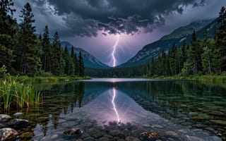 Картинка молния, гроза, дикая природа, пейзаж, лесное озеро, заставка, прозрачная вода, мощь природы, грозовые тучи, 16:9, отражение, горы, грозовой разряд, кинематографично, горный хребет, рабочий стол, камыши, стихия, нейросеть, ИИ, каменистое дно, шторм, HD, ночное небо, облака, 2k, хвойный лес, 1920х1080, драма, вспышка света, фиолетовое небо, зеркальная гладь, 4k, ели, холмы, сосны, озеро, буря, камни