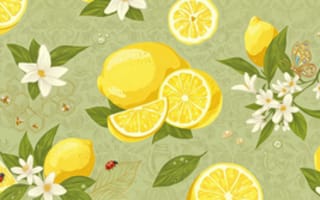 Картинка лимоны, лимон, 32:9, зеленые листья, текстура, бабочка, флёрдоранж, бесшовный, ботаническая иллюстрация, пчелы, зеленый, лимонад, 8k, ИИ, соты, оливковый, роса, цитрусы, белые цветы, для двух мониторов, панорама, арт, божьи коровки, цитрусовый паттерн, лето, капли воды, декор, заставка, HD, паттерн, дольки лимона, широкоформатный, 2k, свежесть, принт, спелые лимоны, бесшовный узор, орнамент, винтажный стиль, нейросеть, рабочий стол, 4k, рендеринг, семена лимона