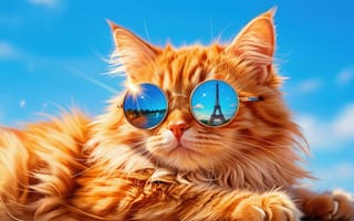 Картинка кот, рыжий кот, иллюстрация, 2k, солнцезащитные очки, отдых, свет, линзы, длинношерстный кот, Париж, котик, 1920х1080, зеркальные очки, лето, яркий день, голубое небо, концепт арт, туризм, солнце, крутой кот, стильный арт, HD, питомец, Эйфелева Башня, нейросеть, путешествие, отражение, персонаж, белые облака, усы, рабочий стол, круглые очки, 16:9, шерсть, Франция, ИИ, домашнее животное, цифровая графика, пушистый кот, солнечные лучи, тепло, 4k, лапы