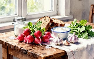 Картинка натюрморт, акварель, стеклянная банка, сметана, свежие продукты, ИИ, рама, деревянный стол, 16:9, подоконник, нейросеть, весна, соль, 2k, уют, лето, салфетка, 1920х1080, HD, редис, доски, зубок чеснока, деревенский стиль, картина, чеснок, пучок редиски, свежий редис, ломтик хлеба, пиала, ржаной хлеб, соус, дневной свет, акварельный рисунок, солонка, зелень, 4k, хлеб, домашняя еда, кухня, окно, здоровое питание, ботва, головка чеснока, скатерть, рустик, рабочий стол, иллюстрация, кулинария, 
