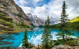 Картинка Lake Moraine, Озеро Морейн, пейзаж, озеро, скалы, Canada, горы, деревья, Канада, Альберта