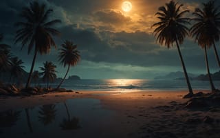 Картинка на открытом воздухе, небо, горизонт, пляж, солнышко, берег, пейзаж, пальмы, без людей, голландский угол, Луна, пейзажи, океан, звёздное небо, полнолуние, облачное небо, ночь, облако, ночное небо, дерево, закат, вода, песок