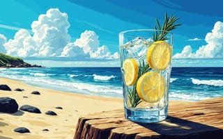 Картинка лимонад, коктейль, свежесть, HD, векторная графика, облака, песок, отдых, нейросеть, дольки лимона, бревно, небо, ИИ, жара, солнечный день, лазурная вода, яркие цвета, отпуск, 2k, лед, контраст, веточка, арт, рабочий стол, волны, пляж, прибой, деревянный стол, 4k, кучевые облака, лето, прохладительный напиток, 16:9, пена, море, кубики льда, розмарин, океан, побережье, лимон, цитрус, 1920х1080, берег, стакан, тоник, тени, иллюстрация, камни