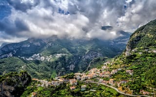Картинка Италия, дома, пейзаж, Italia, город, горы, дорога, Amalfi