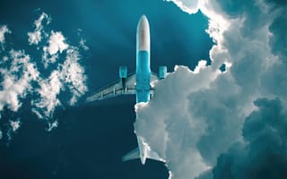 Картинка самолет, лайнер, арт, 2k, хвост, высота, рабочий стол, HD, кучевые облака, тень, свет, небо, в небе, нейросеть, 16:9, туризм, бирюзовое небо, путешествие, перелет, грозовое облакo, 1920х1080, полет, белые облака, синее небо, крылья, фюзеляж, рейсы, солнце, вид снизу, пассажирский самолет, облака, свобода, туча, ракурс, летит, авиация, ИИ, 4k, турбины, лучи