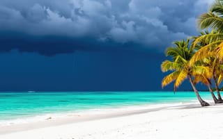 Картинка пейзаж, пляж, рабочий стол, бирюзовая вода, грозовые тучи, прозрачная вода, буря, 1920х1080, лазурная вода, контраст, тучи, белый песок, кокосовые пальмы, побережье, стихия, облака, наклонные пальмы, ИИ, волны, пальмы, листья пальмы, шквал, атмосфера, экзотика, шторм, прибой, небо, 16:9, берег, уединение, природа, океан, нейросеть, остров, 2k, тропики, мелкий песок, темное небо, яркие цвета, HD, гроза, 4k, драма, пена, море, курорт