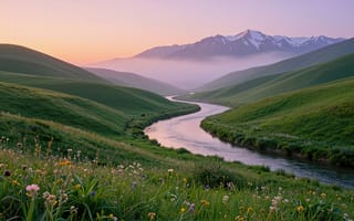 Картинка пейзаж, природа, горы, нейросеть, спокойствие, утро, 4k, луг, рассвет, вода, цветы, долина, русло, зелень, 16:9, дымка, свобода, склоны, небо, холмы, 2k, берег, скалы, умиротворение, горная долина, клевер, заснеженные горы, раннее утро, реализм, извилистая река, ромашки, HD, первоцветы, закат, река, туман, трава, простор, течение, пики, вершины, розовое небо, ИИ, речка, рабочий стол, полевые цветы, нежный свет, 1920х1080