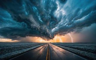 Картинка пейзаж, природа, облака, стихия, трасса, завихрение, драма, разряд, поле, 4k, 16:9, мощь, молния, темные облака, разметка, сухая трава, буря, мокрый асфальт, шторм, гроза, 2k, грозовые тучи, 1920х1080, атмосфера, ураган, дорога, свет, рабочий стол, золотой свет, контраст, шоссе, горизонт, суперселл, ИИ, опасность, HD, оранжевый закат, бескрайнее поле, путешествие, вспышка, нейросеть, трава, трип, асфальт, степь