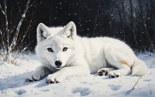 Картинка волк, Волчонок, иллюстрация, дикая природа, ветви, деревья, 4k, ИИ, следы на снегу, уют, снег, зима, хищник, зимний лес, рабочий стол, 2k, сугробы, HD, картина, темный, реализм, животные, ночь, белый волк, контраст, нейросеть, взгляд, атмосфера, цифровой арт, 16:9, янтарные глаза, снежинки, лапы, карие глаза, полярный волк, снегопад, сумерки, подушечки лап, пушистая шерсть, 1920х1080