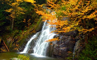 Картинка осень, скалы, осенние листья, природа, водопад
