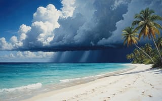 Картинка пейзаж, природа, пена, шторм, голубая вода, остров, туча, экзотика, побережье, пальмы, нейросеть, HD, берег, 1920х1080, лагуна, грозовые облака, стихия, стена дождя, кокосовые пальмы, песчаный пляж, темная туча, дождь, море, гроза, пляж, горизонт, буря, волны, ИИ, контраст, картина, 16:9, океан, белый песок, ливень, 4k, тропики, реализм, рабочий стол, бирюзовая вода, рай, 2k