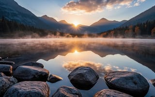 Картинка пейзаж, природа, нейросеть, деревья, реализм, туман, умиротворение, облака, скалы, небо, пики, вершины, озеро, 2k, золотой час, восход, утро, симметрия, горы, солнечный свет, покой, рабочий стол, дымка, гармония, тишина, отражение, хвойный лес, лучи солнца, 16:9, каменистый берег, берег, солнце, HD, гладь воды, валуны, рассвет, пар над водой, зеркальная вода, камни, ИИ, сосны, 4k, 1920х1080