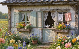 Картинка цветок, на природе, дом, красный цветок, окно, маргаритка, пейзаэ, оранжевый цветок, жук, день, жёлтый цветок, розовый цветок, белый цветок, размытый, прищепка, дверь, раст, садовый, глубина резкости, фиолетовый цветочек, открытое окно, без людей