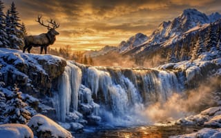 Картинка на природе, небом, зимний, вода, горные, облако, пейзаж, сосна, без людей, животное, рога, водопал, снега, оленя, олень, сансет, ёлка, пейзажа, облачное небо, лесу, речка, натура