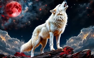 Картинка нейросеть, рендеринг, белый волк, фантастика, стоит на камнях, облака, собаки, животные, красная луна, планета, фантастическое небо