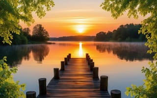 Картинка пейзаж, природа, ветки, рамка из листьев, туман, закат, река, реализм, 4k, лес, 16:9, рабочий стол, берег, листва, 2k, пруд, тишина, озеро, причал, дымка, лучи солнца, солнце, деревянный пирс, гладь воды, водоем, золотой час, легкий туман, утро, весна, деревья, столбики, солнечная дорожка, покой, зеркальная вода, ИИ, Мостик, отражение, солнечный свет, нейросеть, рассвет, 1920х1080, раннее утро, пирс, HD, лето, зелень, вода, умиротворение