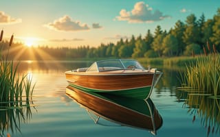 Картинка катер, лодка, водоем, лес, 4k, весна, симметрия, озеро, рассвет, природа, рабочий стол, винтажный катер, вода, лето, берег, солнечный свет, гармония, река, гладь воды, классическая лодка, зеркальная вода, 2k, камыш, закат, пруд, сосны, небо, раннее утро, реализм, облака, листья, деревянный катер, умиротворение, тишина, деревья, пейзаж, солнце, покой, HD, кувшинки, зелень, нейросеть, лучи солнца, рогоз, золотой час, ИИ, утро, осока, отражение, иллюстрация, моторная лодка, 16:9, трава, 1920х1080