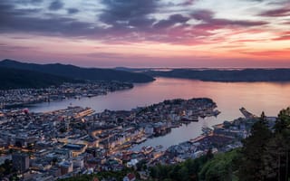 Картинка Берген, Норвегия, море город, закат, сумерки, пейзвж