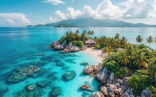 Картинка пейзаж, природа, кучевые облака, HD, залив, тропики, курорт, нейросеть, 1920х1080, песчаный пляж, отдых, камни, берег, 4k, дымка, Мальдивы, пляж, лагуна, остров, 2k, горы, путешествие, дно, бирюзовая вода, облака, океан, пальмы, бухта, кокосовые пальмы, прозрачная вода, свет, джунгли, побережье, валуны, рай, гранитные скалы, небо, холмы, реализм, море, зелень, летний день, экзотика, ИИ, бунгало, солнце, рабочий стол, лазурный берег, туризм, белый песок, 16:9, Сейшелы, вилла, коралловый риф