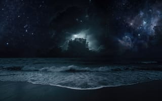 Картинка гроза, молния, море, волны, туманность, темнота, грозовые тучи, природа, нейросеть, вселенная, темные, пейзаж, ночной пляж, рабочий стол, эпический арт, 2k, драма, ИИ, галактика, 16:9, созвездия, шторм, океан, Млечный путь, морская пена, цифровой рисунок, ночное небо, 4k, космос, стихия, прибой, темный, звезды, берег, HD, буря, облака, 1920х1080