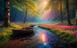 Картинка цветок, на открытом воздухе, лодка, пейзаж, плавучее средство, природа, корабли и лодки, солнечный свет, лес, без людей, отражение, вода, река, световые лучи, дерево, трава