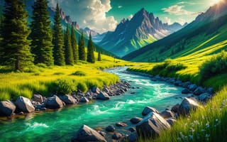 Картинка пейзаж, природа, ИИ, весна, трава, рассвет, течение, луг, горный хребет, облака, пики, вершины, HD, деревья, волны, валуны, река, нейросеть, солнце, дикие цветы, рабочий стол, свежесть, 2k, поляна, вечнозеленый лес, бирюзовая вода, сосны, небо, горы, горная река, каньон, лето, долина, ели, берег, блики, ручей, 1920х1080, 16:9, камни, солнечные лучи, 4k, скалы