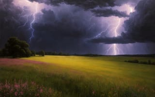 Картинка лето, природа, молния, ai сгенерирован, небо, облака, гроза, буря, ночь, дождь, гром, погода, темный, пейзажи, электричество