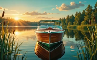 Картинка лодка, катер, река, моторная лодка, 4k, хвойный лес, рогоз, зеркальная гладь, трава, ИИ, покой, HD, лакированное дерево, берег, закат, отражение в воде, нейросеть, 1920х1080, озеро, облака, пейзаж, пруд, лес, камыши, отдых, 16:9, 2k, рабочий стол, природа, блики, штиль, деревянная лодка, рассвет, солнце, солнечные лучи, золотой час, небо, деревья, классический катер