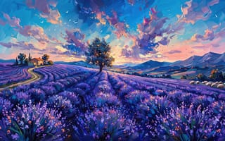 Картинка пейзаж, природа, яркие цвета, дорога, рассвет, золотой час, лучи солнца, домик, Импрессионизм, рабочий стол, горы, одинокое дерево, 16:9, цветение, холмы, мазки масла, вилла, синий, фиолетовый, отара, Прованс, нейросеть, пастбище, фиолетовое поле, небо, силуэты птиц, ИИ, цветы, лавандовое поле, золотой, закат, лаванда, 1920х1080, HD, лиловый, дерево, ферма, вечер, картина, тропинка, птицы, 2k, Франция, солнце, овцы, 4k, облака, стадо, фактурные облака