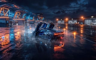 Картинка автомобиль, машина, спойлер, диски, облака, оранжевый свет, суперкар, нейросеть, аэродром, задние огни, 1920х1080, 4k, гиперкар, спорткар, 16:9, мокрый асфальт, Киберпанк, темнота, футуризм, роскошь, темный кузов, двери-бабочки, ночное небо, ангары