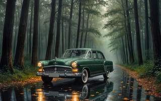 Картинка автомобиль, машина, зеленый лес, дождь, HD, бампер, 2k, Волга, деревья, лужи, опавшие листья, свет фар, зеленый автомобиль, туман, атмосфера, нейросеть, ретро автомобиль, мокрая дорога, 4k, пейзаж, белые шины, 1920х1080, 16:9, осень, ИИ
